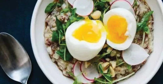 BREAKFAST PORRIDGE WITH SOFT EGG & PEA SHOOTS