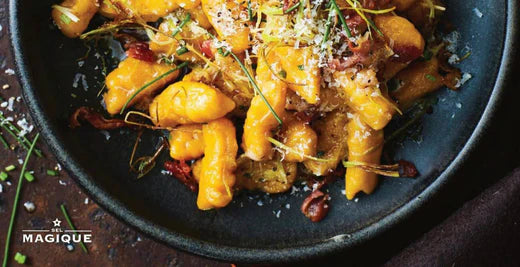 PUMPKIN GNOCCHI WITH CRISP PROSCUITTO, LEEK & CHIVES