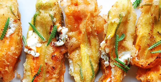 LAVENDER, HONEY & GOAT CHEESE STUFFED SQUASH BLOSSOMS