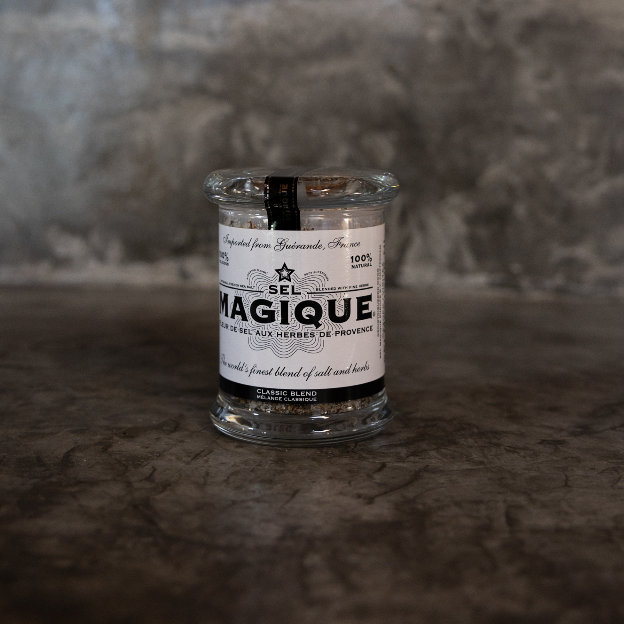 Sel Magique Classic Blends small glass jar 2 9z fleur de sel, thyme, lavender, marjoram, savory