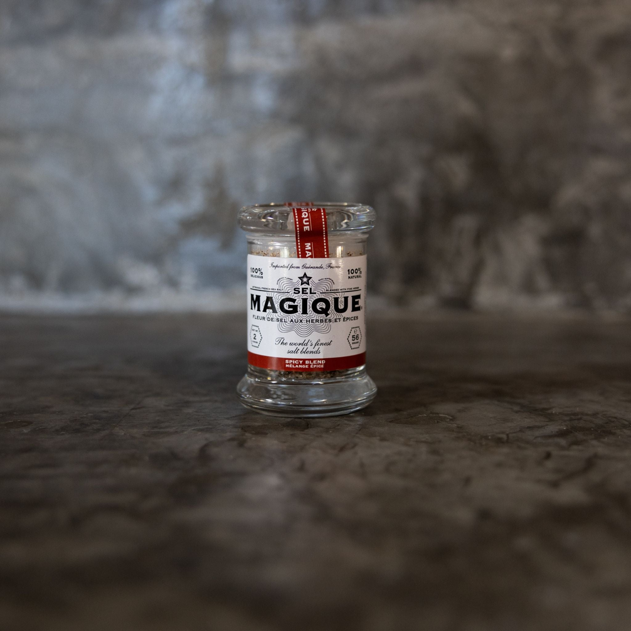 Sel Magique Spicy Blend - Fleur de Sel with Pink Peppercorn & Thyme in a luxury glass jar.